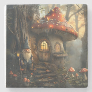 Gnome and mushroom house design stone coaster