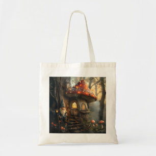 Gnome and mushroom house design tote bag