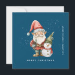 Gnome and Snowman Merry Christmas Businness Flat Holiday Card<br><div class="desc">A gnome dressed in red stands beside a snowman in a green elf stocking hat and red scarf. They are surrounded by a dusting of white snow that pops on the dark blue background. The minimalist aesthetic is created with a simple Merry Christmas below and the business name running perpendicular...</div>