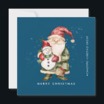 Gnome and Snowman Merry Christmas Businness Flat Holiday Card<br><div class="desc">A gnome dressed in red stands beside a snowman in a green elf stocking hat and red scarf. They are surrounded by a dusting of white snow that pops on the dark blue background. The minimalist aesthetic is created with a simple Merry Christmas below and the business name running perpendicular...</div>