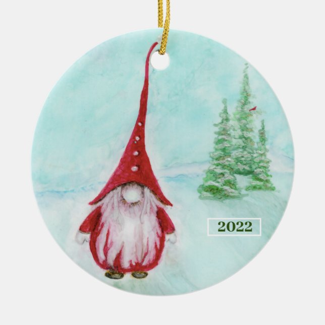 Gnome Artsy Holiday Personalized Ceramic Ornament (Front)