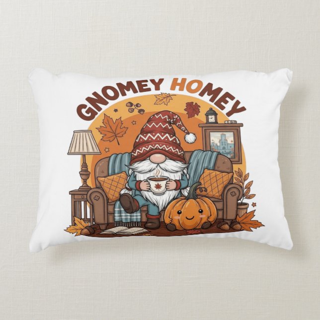 Gnome at home seasonal pumpkin design accent pillow (Front)