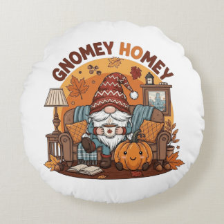 Gnome at home seasonal pumpkin design round pillow