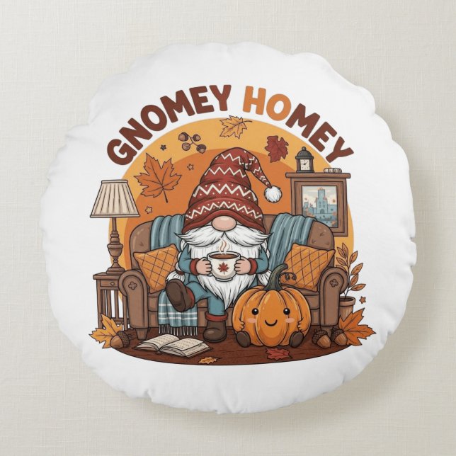 Gnome at home seasonal pumpkin design round pillow (Front)