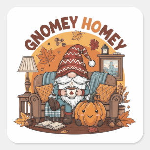 Gnome at home seasonal pumpkin design square sticker