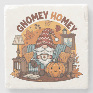 Gnome at home seasonal pumpkin design stone coaster