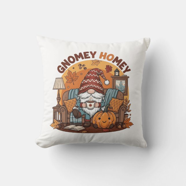Gnome at home seasonal pumpkin design throw pillow (Front)