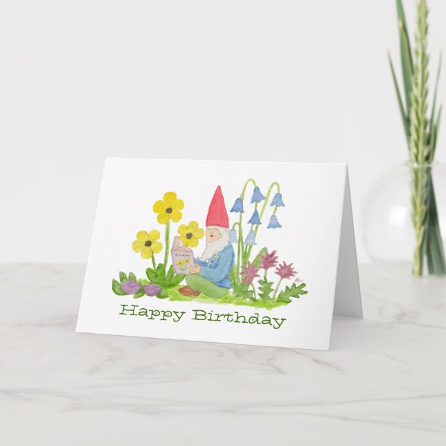 Gnome avec la carte d'anniversaire de livre de (Devant)