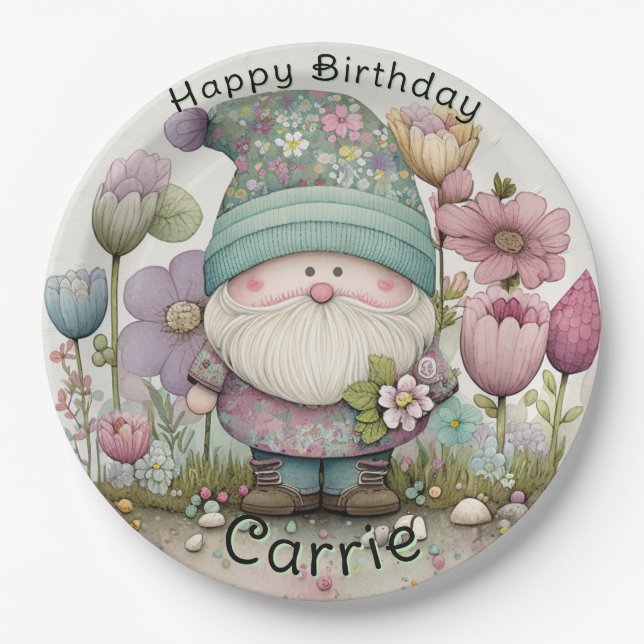 Gnome Birthday Plates, Custom Paper Plate (Front)