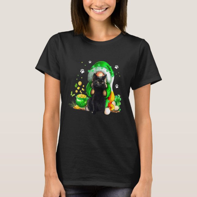 Gnome Black Cat Shamrock St Patricks Day Kitten Gi T-Shirt (Front)