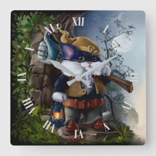 Gnome cat with sledgehammer and lamp goes to work	 square wall clock