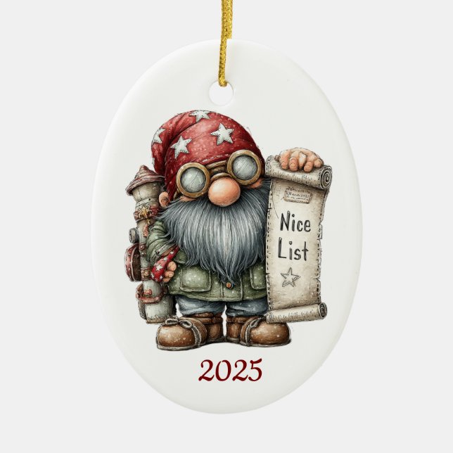 Gnome Ceramic Oval Christmas Ornament (Front)