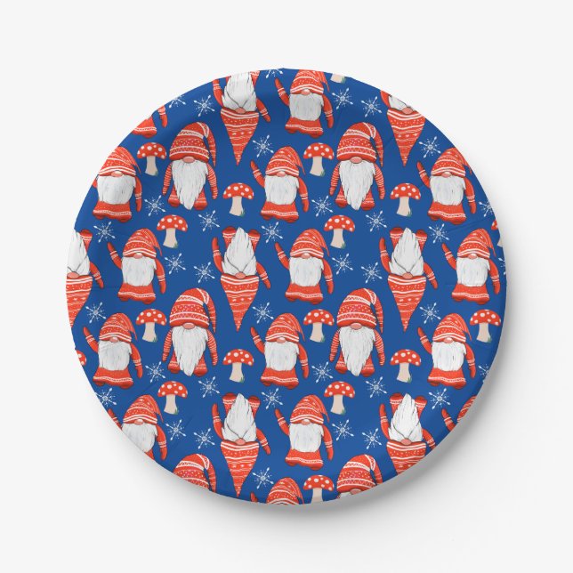 Gnome christmas blue red nordic modern paper plate (Front)