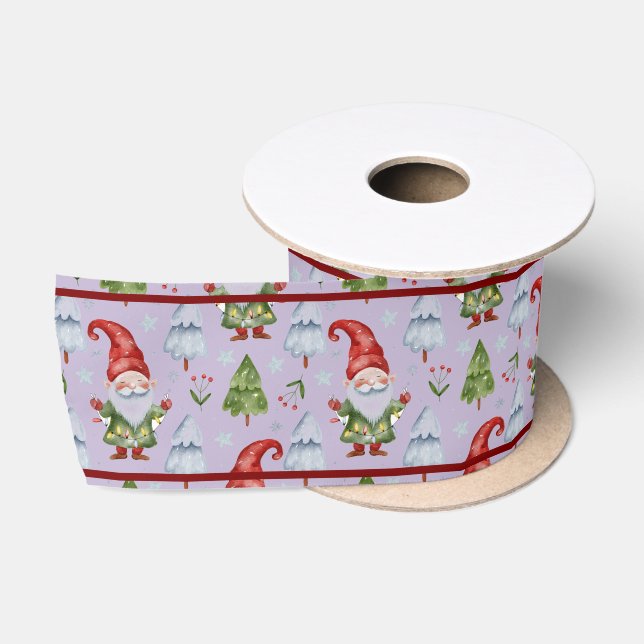 Gnome Christmas Gift Wrapping Purple Watercolor Satin Ribbon (Spool)