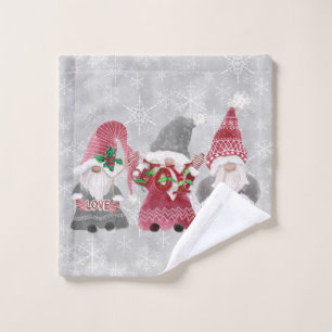 Gnome Christmas Love Joy Peace Grey Snowflakes Wash Cloth