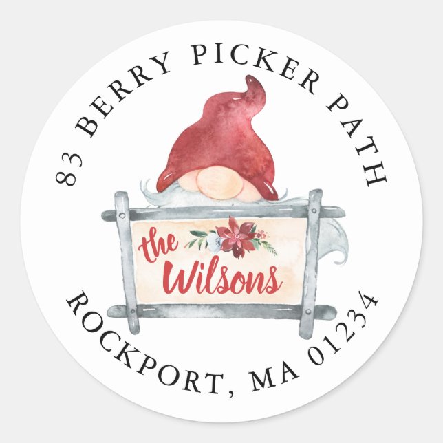 Gnome Christmas Round Return Address Label (Front)