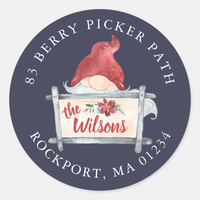 Gnome Christmas Round Return Address Label (Front)