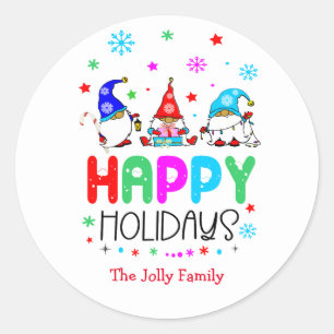 Gnome Colorful Cute Happy Holidays Christmas   Classic Round Sticker