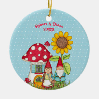 Gnome Couple In Garden on Blue Background Ceramic Ornament