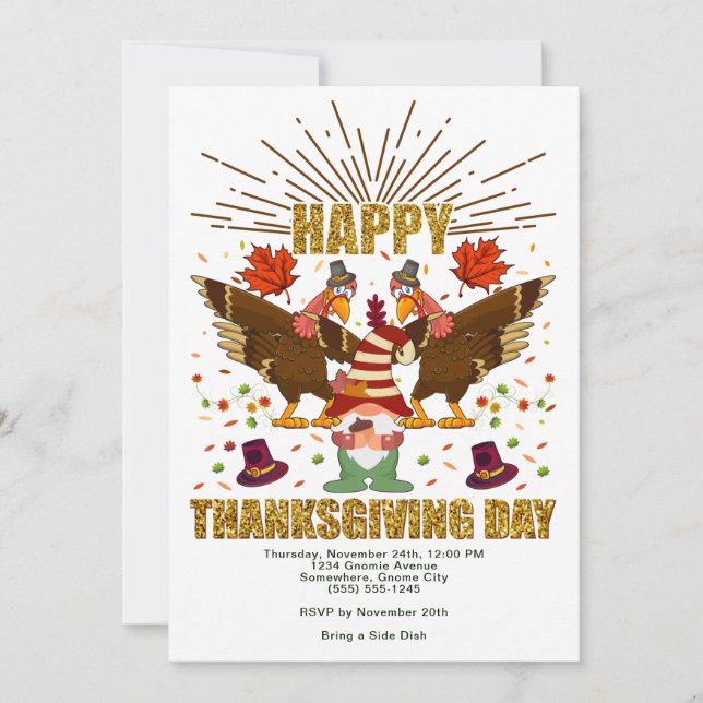Gnome Dabbing Turkeys Thanksgiving Day Invitation (Devant)