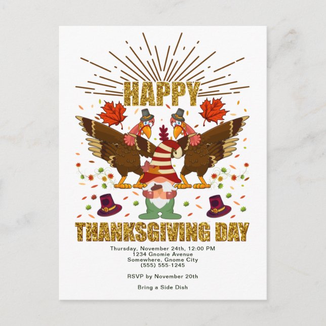 Gnome Dabbing Turkeys Thanksgiving Day Invitation Postcard (Front)