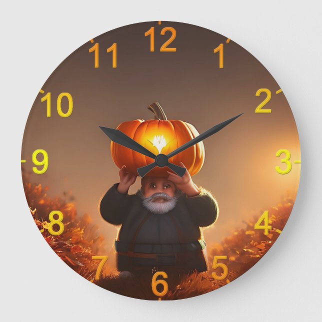 Gnome De Jardin Portant Un Citrouille, Horloge Mur (Recto)