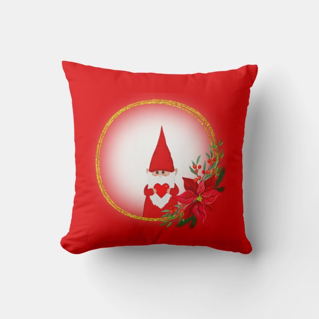 Gnome de Noël sur oreiller à lancer rouge (Recto)
