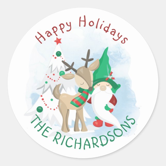 Gnome Deer and Christmas Tree Cute Classic Round Sticker (Front)