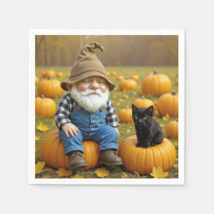 Gnome Farmer and Black Kitten On Pumpkins Napkin