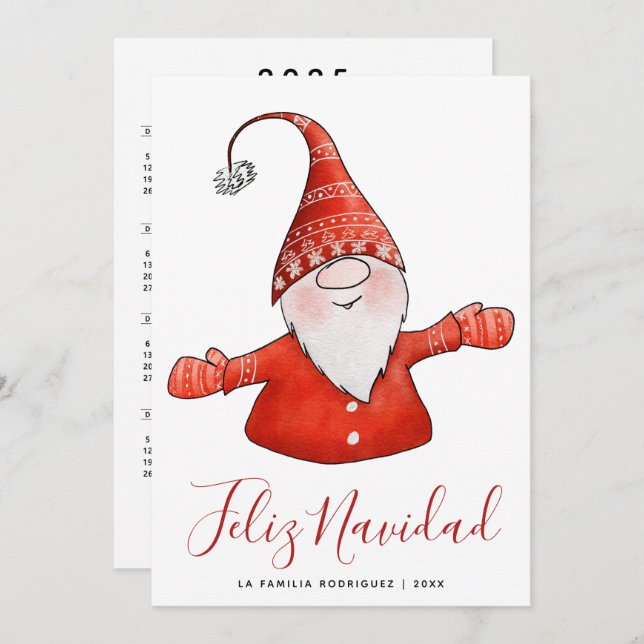 Gnome Feliz Navidad Spanish 2025 Calendar Holiday Card (Front/Back)