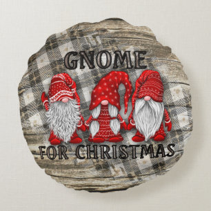 Gnome For Christmas Plaid Rustic Country Farmhouse Round Pillow