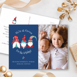 Gnome for Holidays Cute Fun Elf Custom Photo Blue Holiday Postcard
