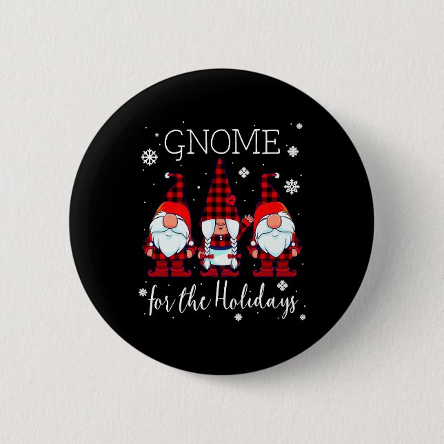 Gnome for the Holidays Buffalo Plaid 3 Gnomes 2 Inch Round Button (Front)