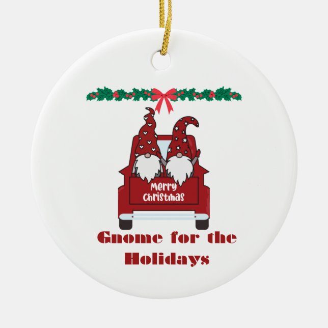 Gnome for the Holidays on a  Ceramic Ornament (Front)