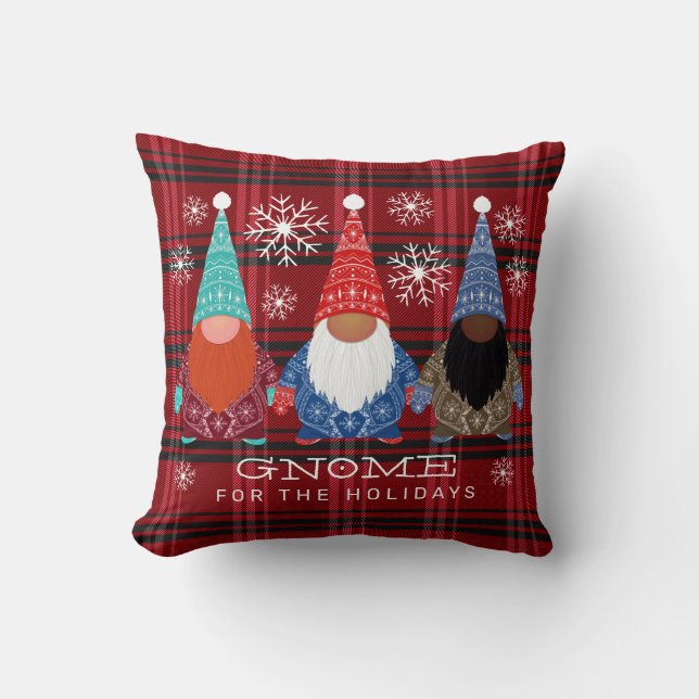 Gnome For the Holidays Snowflake Plaid Christmas Throw Pillow (Front)