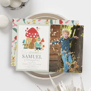 Gnome Garden Mushroom Green Kids Birthday Photo Invitation