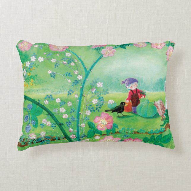 Gnome gardener, Blackbird, Hedgehog & white Rabbit Accent Pillow (Front)