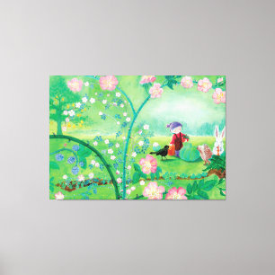 Gnome gardener, Blackbird, Hedgehog & white Rabbit Canvas Print