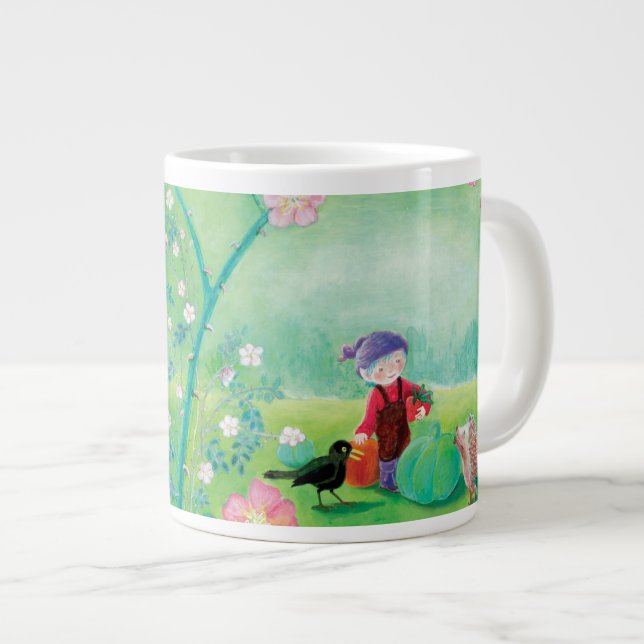Gnome gardener, Blackbird, Hedgehog & white Rabbit Large Coffee Mug (Front Right)