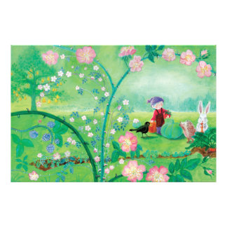 Gnome gardener, Blackbird, Hedgehog & white Rabbit Photo Print