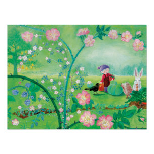 Gnome gardener, Blackbird, Hedgehog & white Rabbit Poster