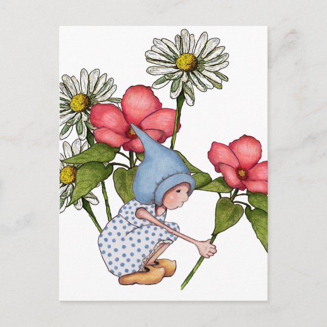 Gnome Girl Picking Flowers, Fanstasy Art Postcard (Front)