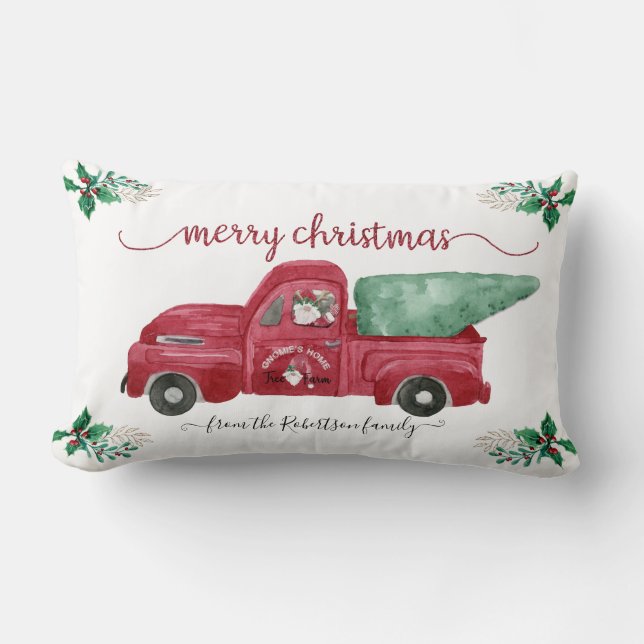 Gnome Gnomies Tree Farm Red Truck Watercolor Lumbar Pillow (Front)