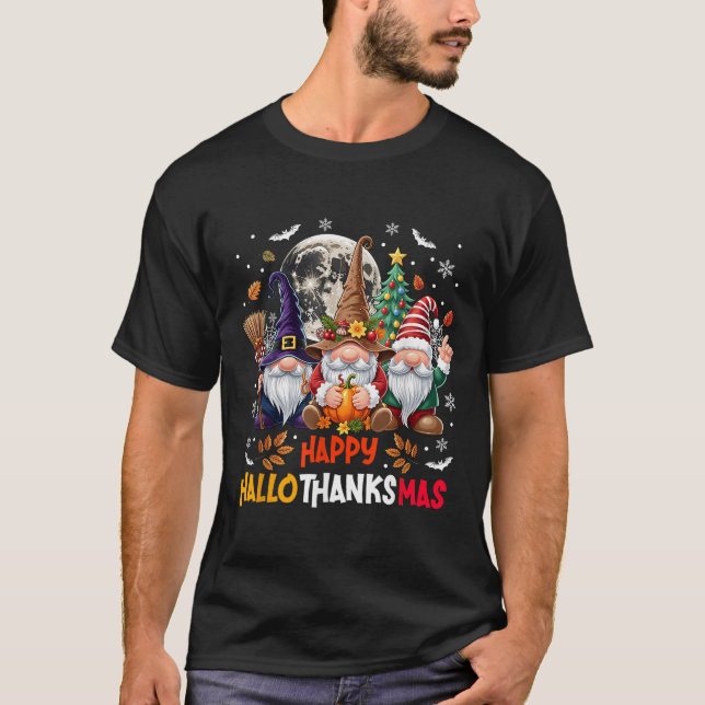 Gnome Hallothanksmas Halloween Thanksgiving Christ T-Shirt (Front)
