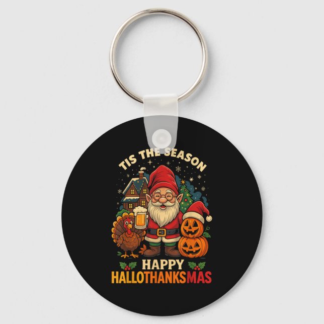 Gnome Happy Hallothanksmas Shirt Halloween Thanksg Keychain (Front)