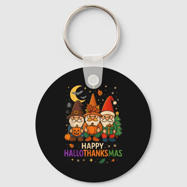 Gnome Happy Hallothanksmas Shirt Thanksgiving Xmas Keychain (Front)