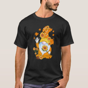 Gnome Holding Sunflowers Maple Leaves Autumn Fall T-Shirt