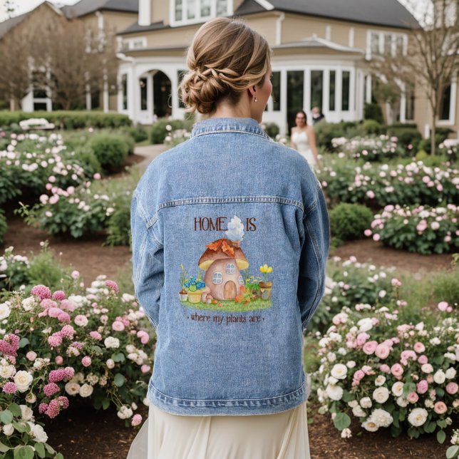 Gnome home mushroom plants flowers garden  denim jacket (Wedding Back)