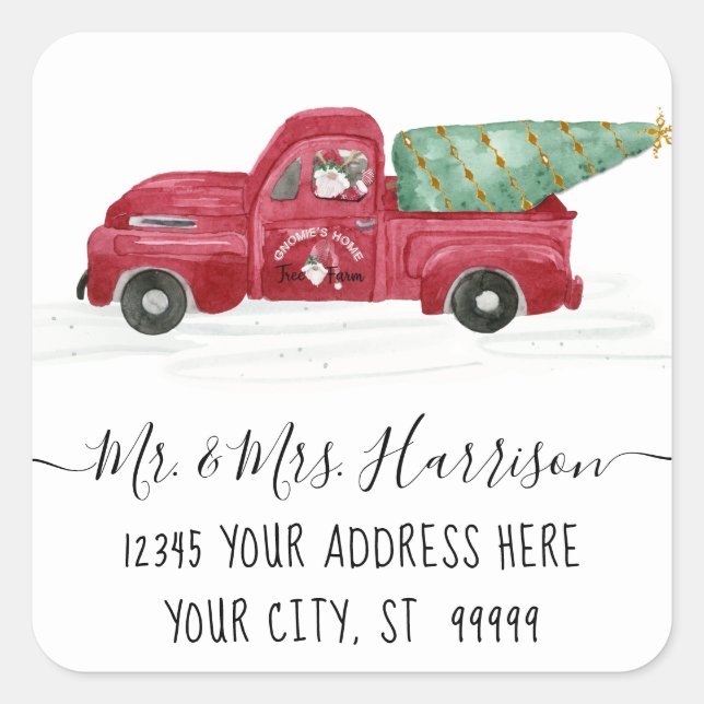 Gnome Home Tree Farm Watercolor Christmas Address Square Sticker (Front)