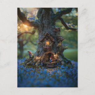 Gnome house in a tree surrounded by bluebells postcard